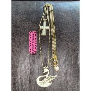 Betsey Johnson Rhinestone Swan With Crown Gold Cross Two Layer Necklace New